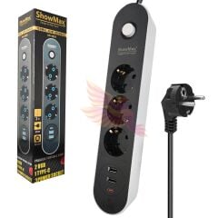 SHOWMAX SH-4628 3Lü Akım Korumalı Priz 2 Metre Anahtarlı 10A 2500 Watt 2XUSB 1XType-c