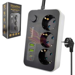 SHOWMAX SH-4626 3Lü Akım Korumalı Priz 2 Metre Anahtarlı 10A 2500 Watt 2XUSB 1XType-c